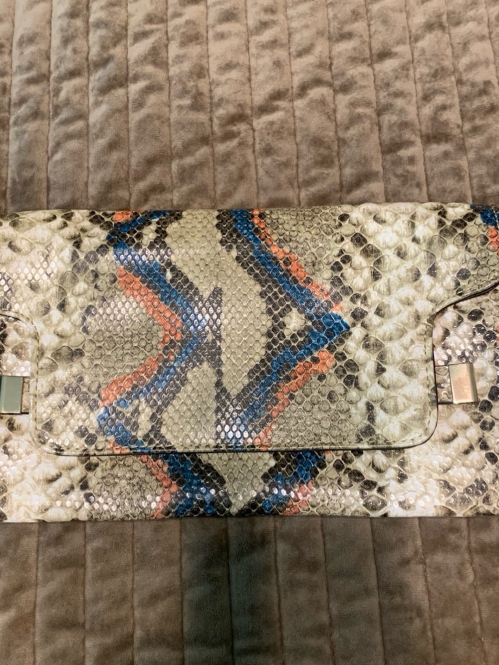 Python-Print Clutch in Beige with Blue & Orange Accents
